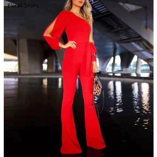 FLORAL STORY Mesh Patchwork Jumpsuits Women Sexy One Shoulder Long Sleeves Black White Red Rompers Spring Autumn Casual Overalls