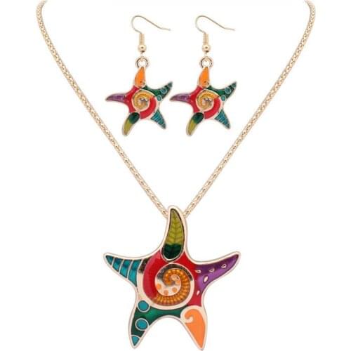 2020 New Fashion Gold Color Colorful Enamel Starfish Jewelry Sets For Women Girl Statement Sea Star Necklace Earrings Set Gift