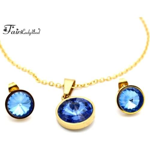 FairLadyHood Explosive Style Simple Zirconia Jewelry Set 316L Stainless Steel Ladies Earring Necklace Jewelry Set