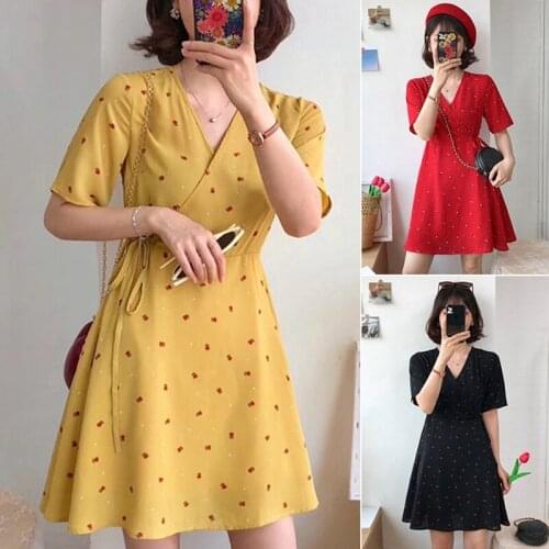 Women Lace Up Short Sleeve Dresses Floral Print V-Neck Summer Dress Women High Waist Dress