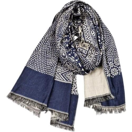 195cm*65cm Winter Scarf Men Ethnic Paisley Style Male Scarves Navy Cotton Linen Knitted Tassel Men Scarf