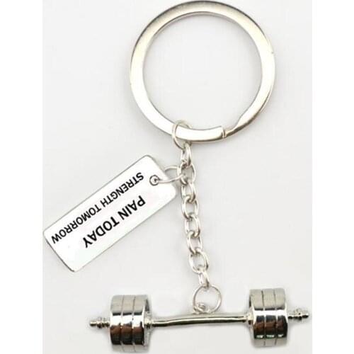 Antique sliver plated BARBELL with PAIN TODAY STRENGTH TOMORROW sporty charm key chain