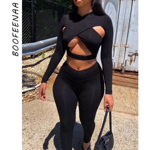 BOOFEENAA 2021 Womens Two Piece Set Outfits Tracksuit Sexy Hollow Cross Long Sleeve Crop Top High Waist Pants Leggings C87-DZ37