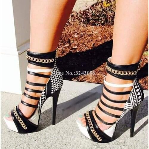 Lady Sexy Hollow Out Chains Platform Sandals Shoes Fashion Peep Toe Stiletto Heel Mixed Color Gladiator Sandals Real Photos Heel