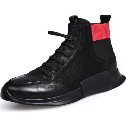 Winter Fleece Lining Mens Shoes High Top Thick Platform Lace Up Ankle Boots Patchwork Genuine Leather Man Casual Footwear