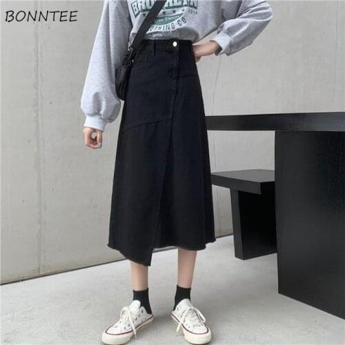 Denim Skirts Women Asymmetrical Pockets Leisure Elegant All-match Preppy Solid Black Simple Streetwear Holiday Ins Chic Popular