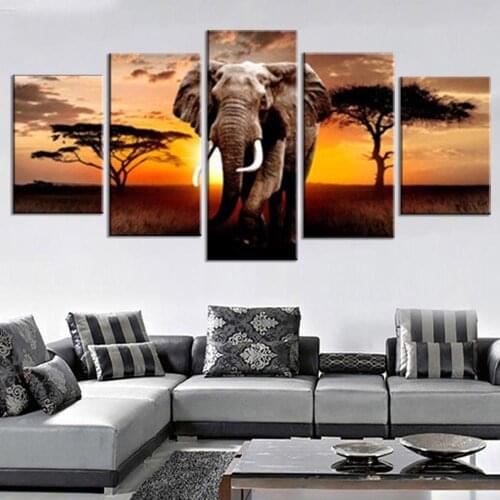 Canvas Pictures Home Decor 5 Piece Walking Elephant Sunset Africa Grassland Scenery Painting Prints Poster Living Room Wall Art