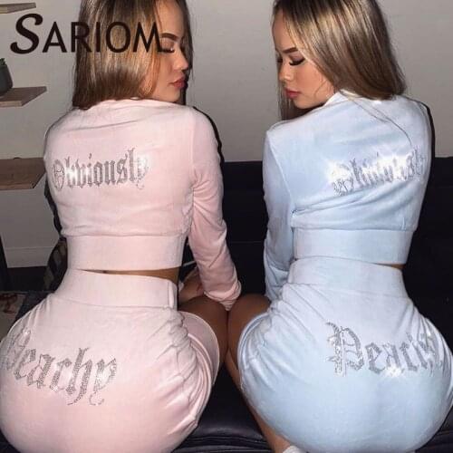 Diamond Letter Print Two Piece Set Women Velour Tracksuit Long Sleeve Zipper Velvet Crop Tops Jacket and Mini Skirts Outfit Fall