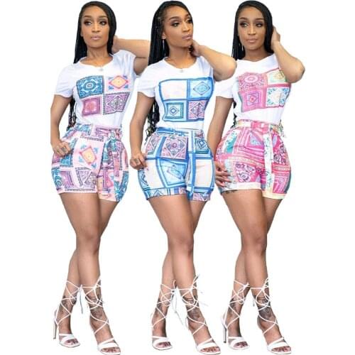 Women Set Print Short Sleeve O-neck Tops Pockets Bandage Sashes Shorts Two 2 Piece Sets Active Tracksuit Summer Outfits