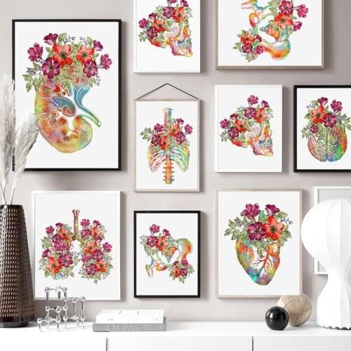Anatomy Flower Organ Wall Art Poster Prints Brain Heart Skull Kidney Skeleton Canvas Painting Nordic Wall Pictures Office Decor