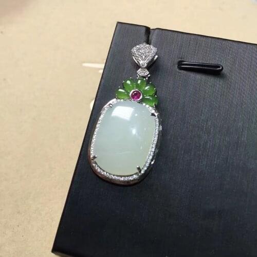 Natural new Hetian white yu square pendant inlaid yu 925 silver inlaid jasper female pendant