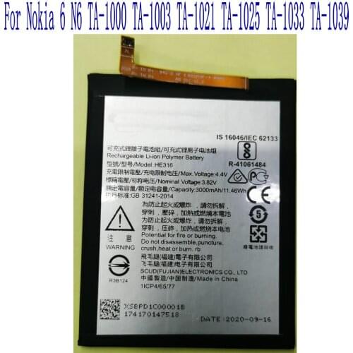 NEW High Quality 3000mAh HE316 Battery For Nokia 6 N6 TA-1000 TA-1003 TA-1021 TA-1025 TA-1033 TA-1039 Mobile Phone