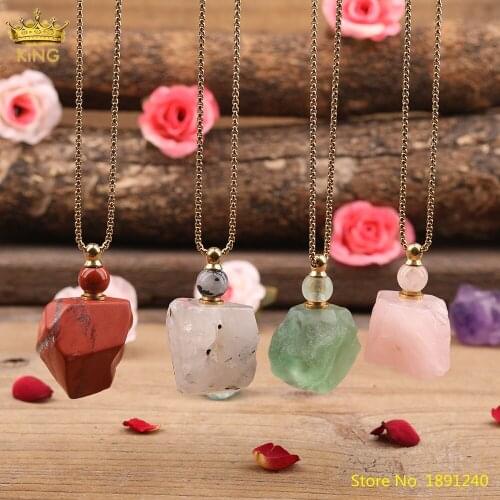 Classic Women Raw Gemstones Irregular Perfume Bottle Pendant Necklace Pink Quartz Diffuser Gold Stainless Steel Necklace Jewelry