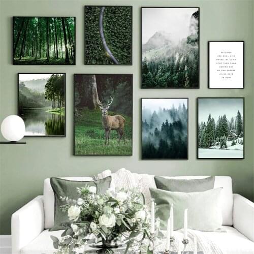 Scandinavia Forest Mountain Lake Wall Art Poster Deer Animal Prints Landscape Quotes Canvas Painting Modern Pictures Home Decor