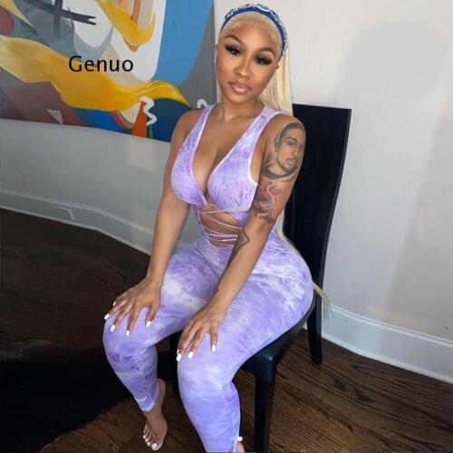 Bandage Tie Dye Hollow Out Rompers Womens Jumpsuit Fitness Sleeveless Push Up Bodycon Party Jumpsuits V Neck Sexy Hot