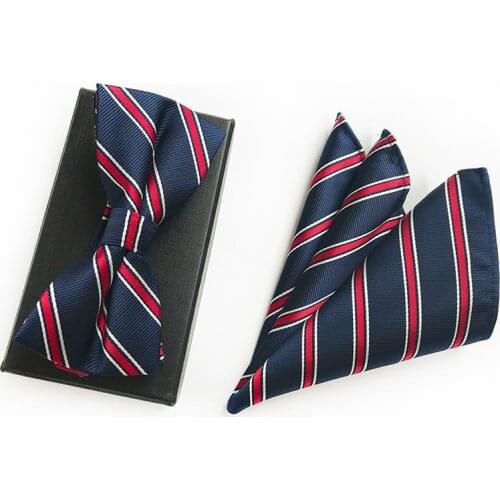 Holiday Gifts Men Bow Tie Blue Wine Red Stripe Bowtie Handkerchief Sets Wedding Accessory Male Necktie Gravata Hanky Day Cravat