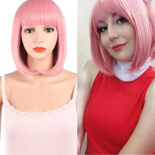 Synthetic Short Square Bob Wig with Neat Bangs Cosplay Wigs for Women Natural Black Pink