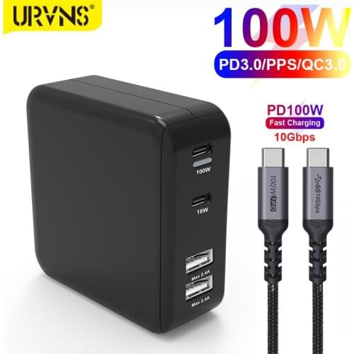 URVNS 4-Port 100W USB-C Fast Charger, USB C PD100W PPS 45W 20W for Laptops MacBook Pro/Air iPad Pro iPhone Samsung Huawei Xiaomi