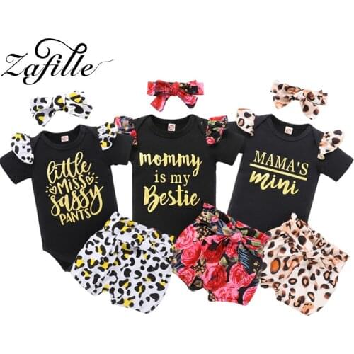 ZAFILLE Little Girl Clothes Summer Letter Mamas Mini Mothers Day Clothes Ruffle Bodysuit+Shorts+Headband Newborn Clothes Set