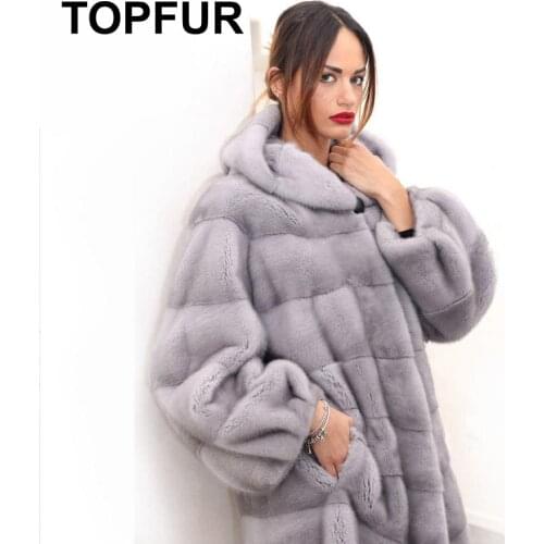 TOPFUR Winter Real Fur Customized Real Fur Jacket Women Natural Real Mink Fur Coats Full Sleeves Coat With Hood Grey Long