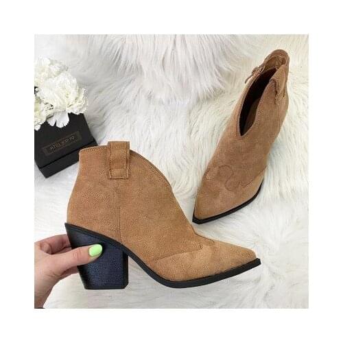 Fashion Gladiator Runway Leather V sharp woman ankle boots chunky high heels western cowboy botas pointed toe shoes for woman