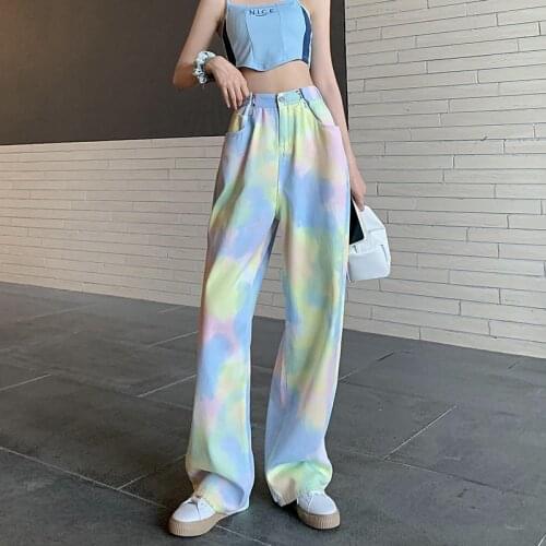 Candy Colors 2021 Loose Wide Leg Pants Women High Adjustable Waist Solid Jeans Slim Pockets Denim Trousers Female P138