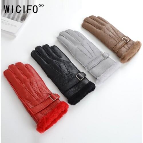 100% pure sheepskin Winter Gloves Women Real Sheepskin cashmere Fur Warm Gloves Ladies Full Finger Genuine Leather mitten gloves