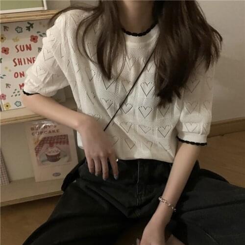 Designed hollow love knit sweater women spring/summer 2021 new Korean loose and versatile color short sleeve top