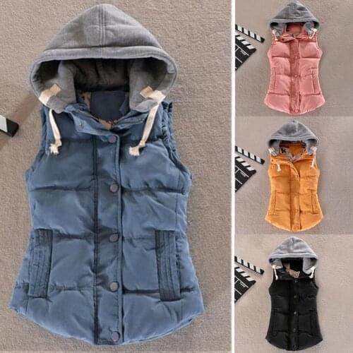 Women Winter Cotton Padded Hooded Gilet Vest Zipper Sleeveless Waistcoat Jacket Solid color easy to match with different pants