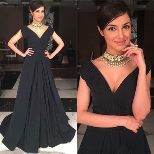 High Quality Deep V Neck Long Prom Dress Black Colour A Line Cap Sleeve Women Party Gown