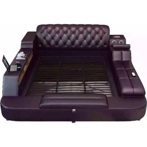 1023TB023 Modern soft bed tatami bedroom King queen double size multi-functional soft Music massage bed real leather art bed