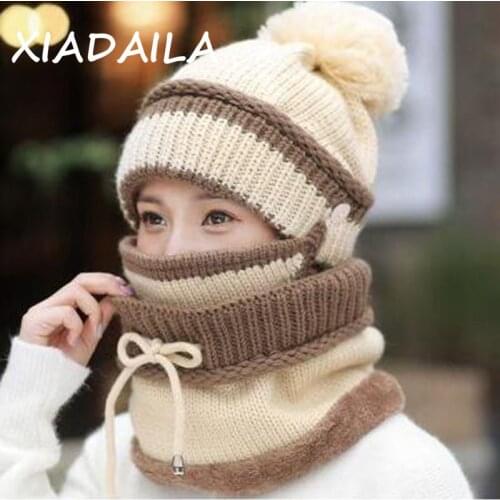 2020 Hat winter womens Mask Hat for girls Scarf Thick Warm Fleece Inside Knitted Hat Scarf Set 3pcs Winter Riding fashion cap