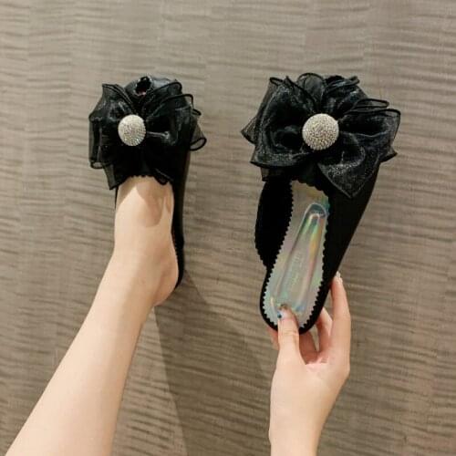 2021 Summer New Fashion Womens Slippers Women Bow-knot Rhinestone Lovely Slippers Ladies Baotou Flat Half Slippers Zapato Mujer