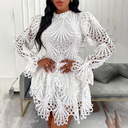 2021 mini crochet hollow horn sleeve ladies party dress fashion club women sexy lace mini dress women