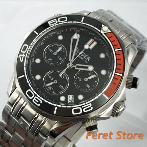 41mm BLIGER Sports watch stainless strap black dial Ceramic Bezel Sapphire Glass Chronograph Date Function Quartz Mens Watch