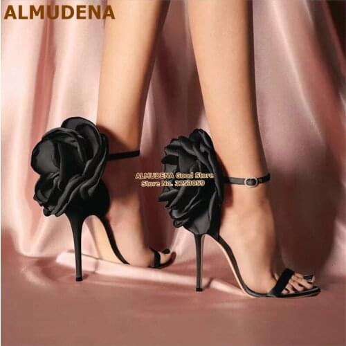 ALMUDENA Satin Cloth Big Flowers High Heel Sandals Silk Fabric Floral Buckle Strap Wedding Shoes Size46 Banquet Pumps Dropship