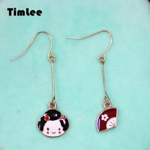 Timlee E014 Free shipping, New Lovely Drops Of Oil Geisha Fan Asymmetric Drop Earrings,Fashion Jewelry Wholesale