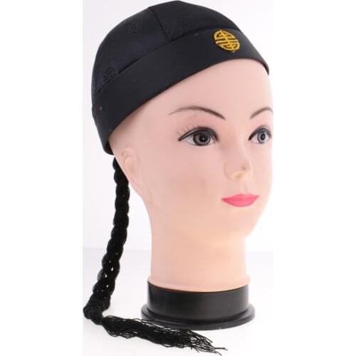 Adult Kids Black Chinese Oriental Hat with Ponytail Party Fancy Dress
