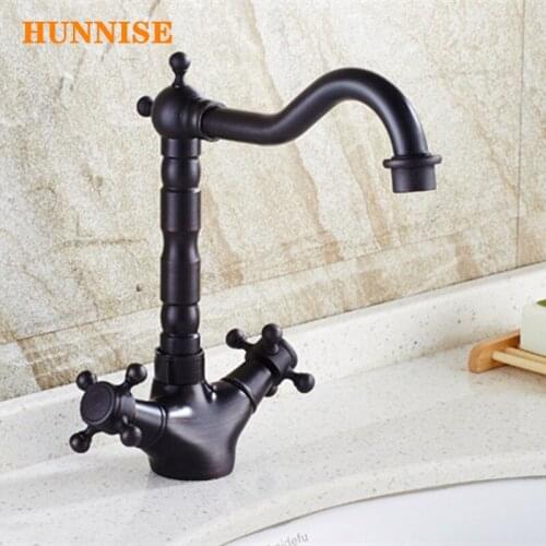 Black Bronze Dual Handlle Bathroom Basin Faucet Deck Mounted Brass Bath Sink Mixer Hot and Cold Bathroom Basin Faucet Mixer
