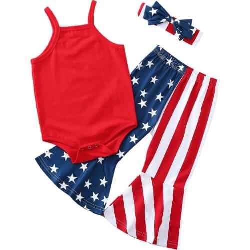 Kids girls Infant Baby Girl Clothing Set Summer 4th-of-July Strap Romper Flag Bell-Bottoms Independence Day Outfits Sets
