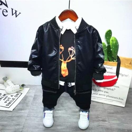 Kids Clothes Set Autumn winter Boys Clothes Children Clothing Sets Toddler Faux leather coat+T-shirts+shirts+jeans 4pcs Boys set