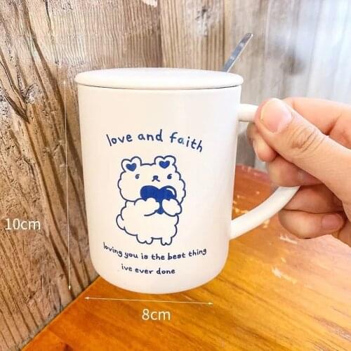 Mug with Lid spoon Ins 350ml Cute White Kawaii Animal Ins Ceramic Cup Student Korean Style Cute Cartoon Milk Water Coffee Cup