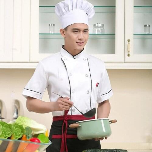 Short Sleeve Stand Collar Colorfast and Shrink Resistant Cotton Kichen Black Chef Jacket Uniform for Chef Cook Baker Suit B-6083