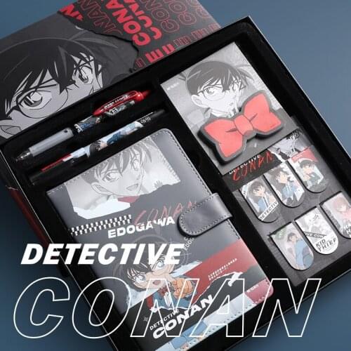 M&G Limited Conan Stationery Set Black PU Leather Magnetic Buckle Notebook Magnetic Bookmark and Conan Sticky Note DIY Stickers