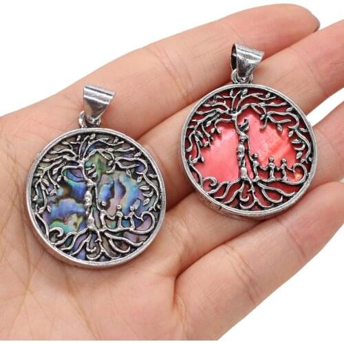 Natural Shell Pendant Tree Metal Alloy Round Abalone Shell Exquisite charms For jewelry making DIY Necklace accessories 33x37mm