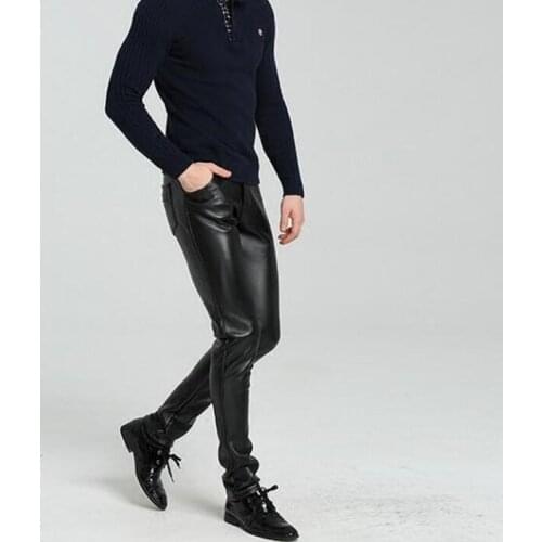 High waist slim motorcycle faux leather pants men plus velvet trousers pu feet pants for men warm pantalon homme black Korean