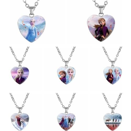 Disney Frozen Elsa Anna Doll Keychains Love Type Round Glass Cabochon Necklace For Girls Kids Gift