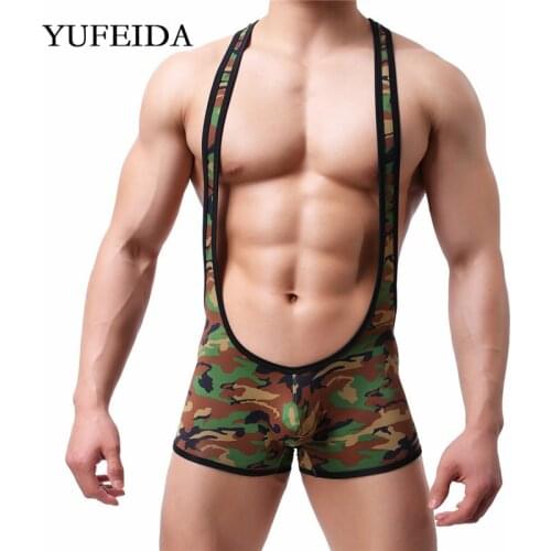 Sexy Mens Undershirts Bodysuits Camo Jumpsuits Underwear Wrestling Singlet One-Piece Leotard Bulge Pouch Boxer Shorts Jockstrap