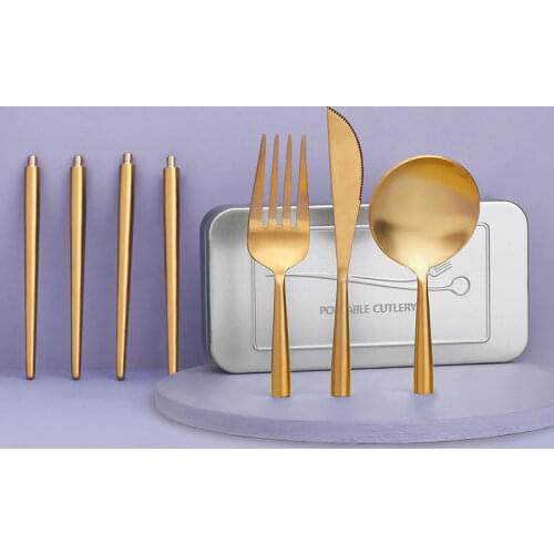 Portable Cutlery Set Gold Silver Folding Knife Fork Spoon Combination Stainless Steel Steak Tableware Lunch Dinner Cutlery