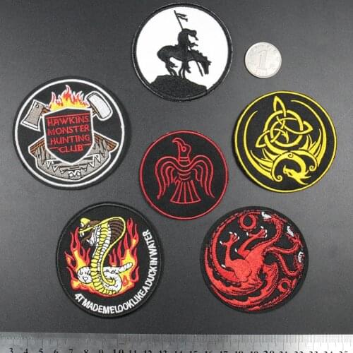 PGY A Song of Ice and Fire Embroidery Patch Round Back Rubber Appliques Monster Hunter Cobra Dragon Iron On Clothes Accessories
